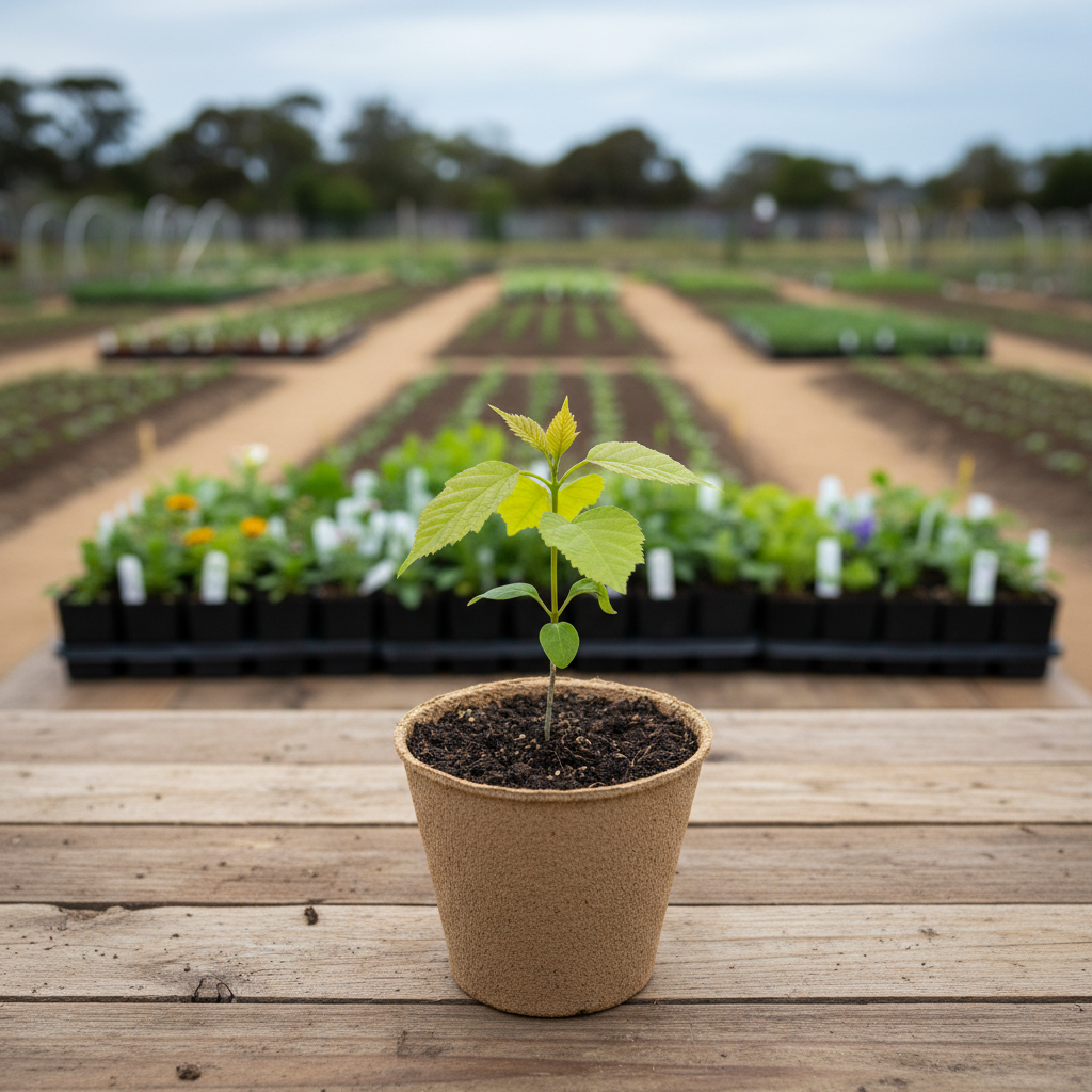 A young sapling with vivid green leaves emerging from rich, dark soil in a biodegradable pot, placed on a simple wooden table made from reclaimed timber. Behind it, a softly blurred background reveals an organized row of other potted native plants and a distant view of a community garden bed. Natural diffused daylight from an overcast sky gently illuminates the scene, highlighting delicate leaf veins and subtle soil textures while casting very soft shadows. Photographed at eye level with a shallow depth of field, the sapling is centered and sharp, symbolizing growth and renewal. The atmosphere is optimistic yet professional, with a photographic realism that underscores practical, community-based environmental care.