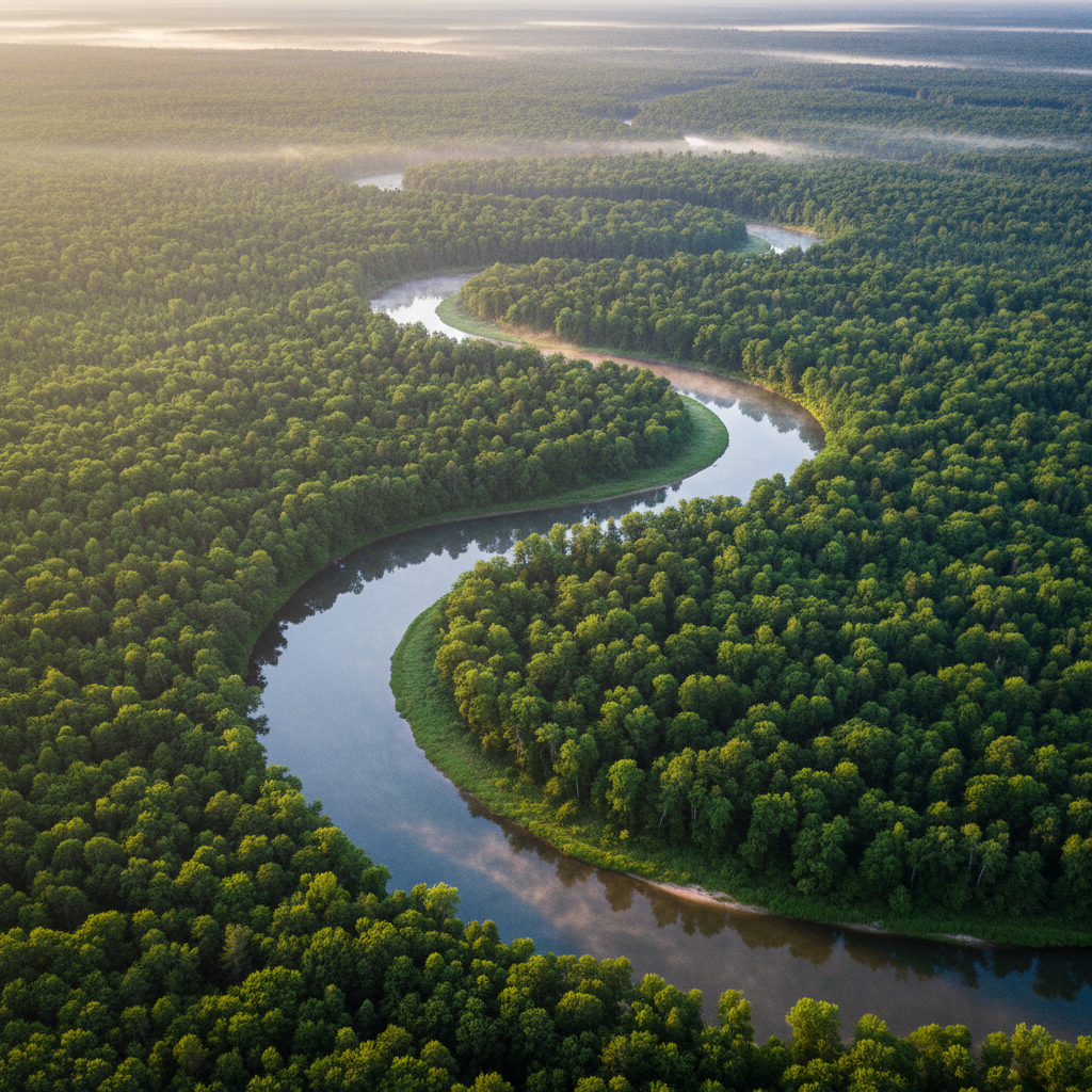 A sweeping aerial photographic view of a lush green forest canopy stretching to the horizon, with a winding silver-blue river cutting gracefully through the trees. The landscape is bathed in soft early-morning light, creating a gentle mist that lingers above the water and diffuses the sunlight into a serene glow. The colors are rich and natural, with deep emerald foliage and cool blue reflections. Shot from a high bird’s-eye perspective, the composition emphasizes the vastness and interconnectedness of the ecosystem. The mood is calm, hopeful, and contemplative, conveying the beauty of untouched nature and the importance of preserving it for future generations, in a clean, realistic documentary style.